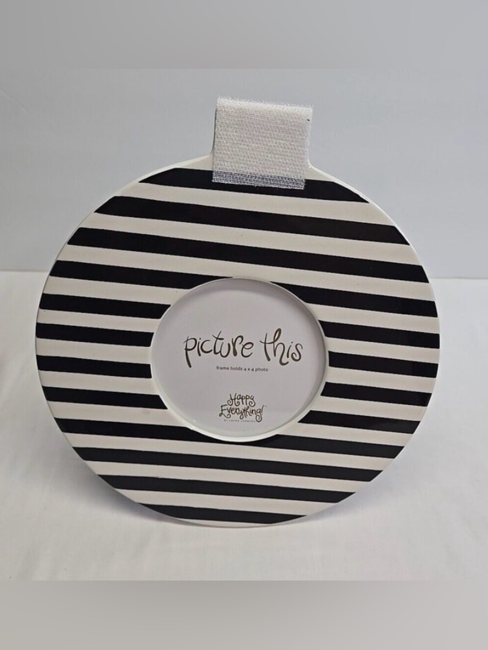 Happy Everything Black & White Striped Round Photo Frame